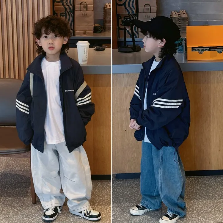 童装2025年秋季新款男童中大童韩版撞色条纹立领外套儿童冲锋衣潮