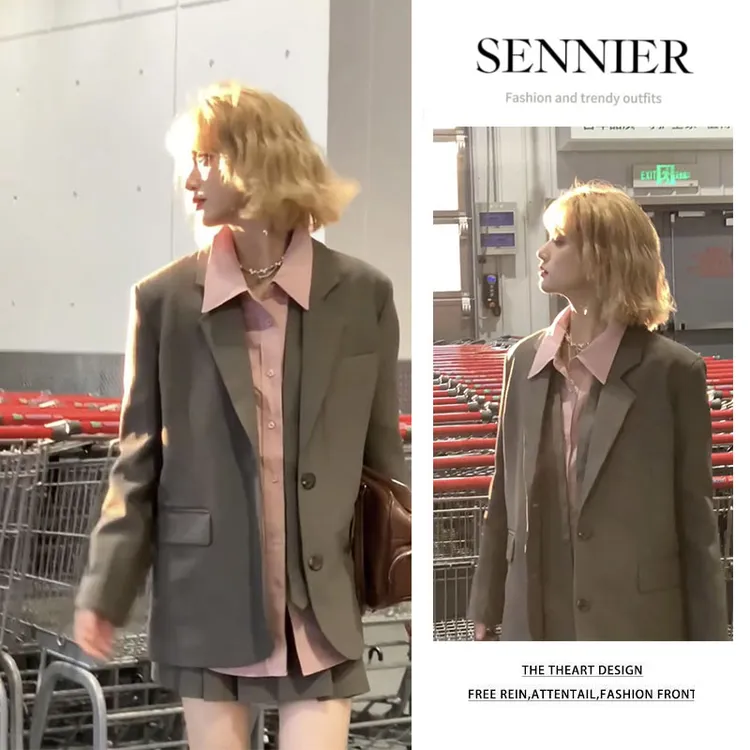 2025早秋新款复古宽松西装外套纯色长袖衬衫显瘦百褶短裙三件套女