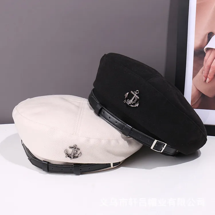 黑色贝雷帽女春秋韩版ins网红蓓蕾帽潮款皮带扣船锚时尚画家帽