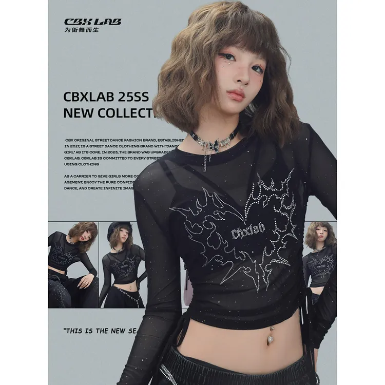 【达人专属】CBXLAB街舞潮牌亮片网纱微透小衫黑色辣妹欧美性感修身