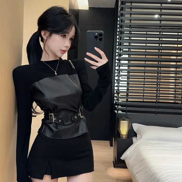 秋冬2025年半高领PU皮拼接长袖t恤修身显瘦内搭打底上衣小众女装