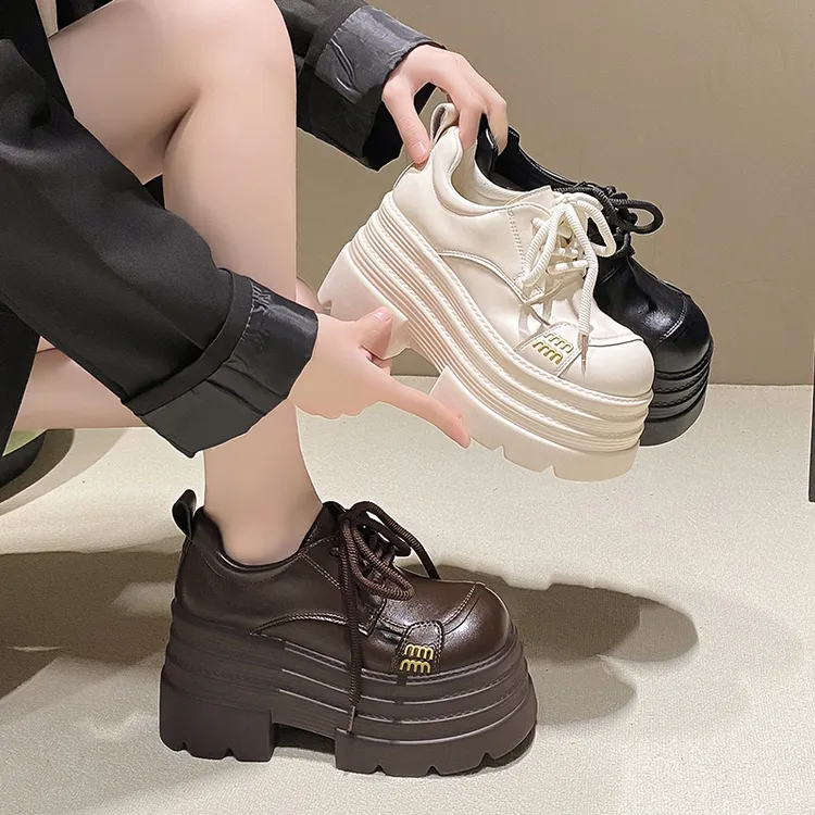 英伦风小皮鞋女2025春秋季百搭厚底系带乐福鞋高跟小个子单鞋10cm