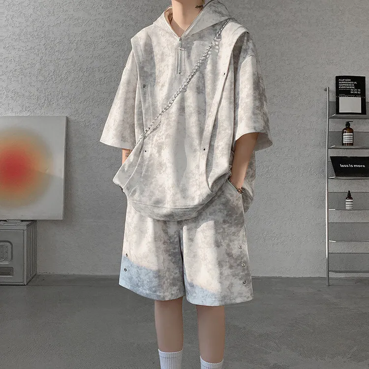 2025夏季新款男轧染拼接港风百搭大码设计感高质感套装圆领休闲