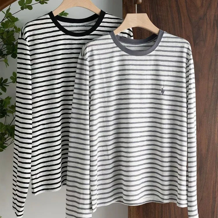 南法条纹进口定制 条纹棉 T恤休闲风长袖宽松型常规刺绣