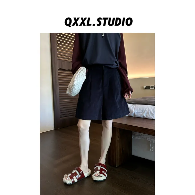 邱小小丽呀 早秋复古灯芯绒高腰短裤女时髦宽松小个子阔腿五分裤