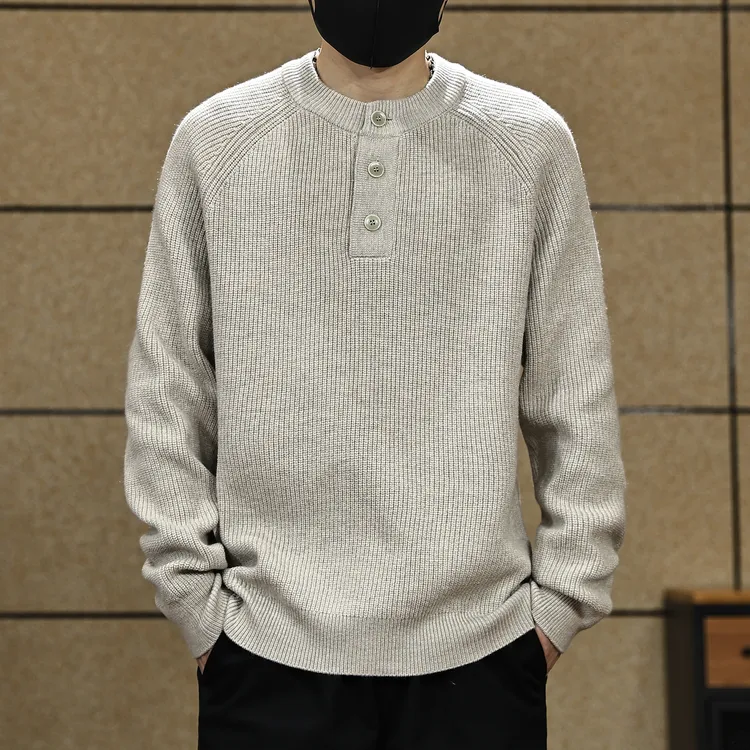 美式亨利领毛衣男款秋冬季重磅保暖慵懒风上衣服宽松休闲针织衫男