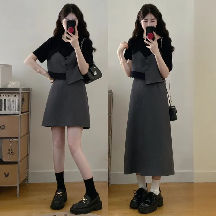 【芬格假日】蕾丝边不规则假两件上衣女高腰半身裙夏季套装大码显瘦