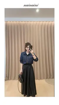 奈奈妮【黑色皮裙】半身皮裙女2025小个子秋季气黑色时尚中长款3955