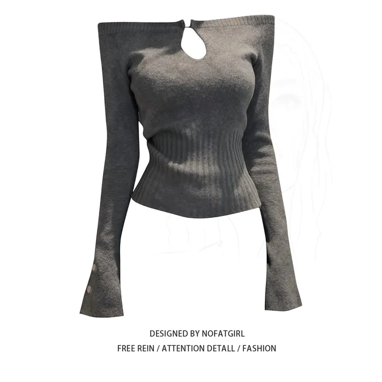 大码胖MM一字肩灰色针织衫女秋季2025新款修身独特漂亮打底衫上衣