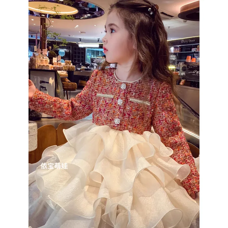 女童小香风公主裙冬装2025新款儿童韩版蓬蓬纱连衣裙小女孩蛋糕裙