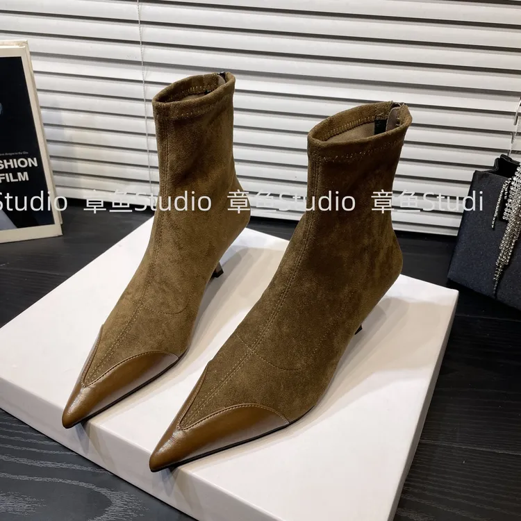 绒面细跟时装靴2024秋冬季新款尖头拼接高跟短靴后拉链切尔西女靴