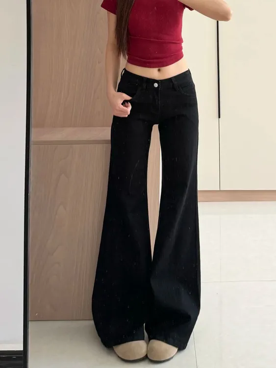 黑色不贴喇叭牛仔裤女2025春秋新款低腰显瘦阔腿裤百搭裤子拖地裤