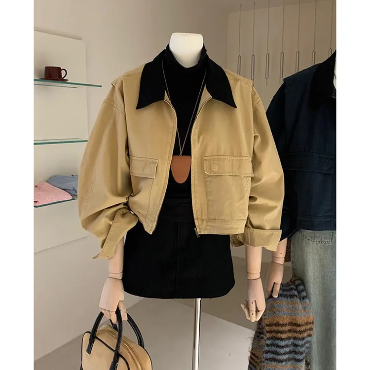 卡其色撞色拼接短款外套女2025年秋季新款美式长袖宽松工装服夹克
