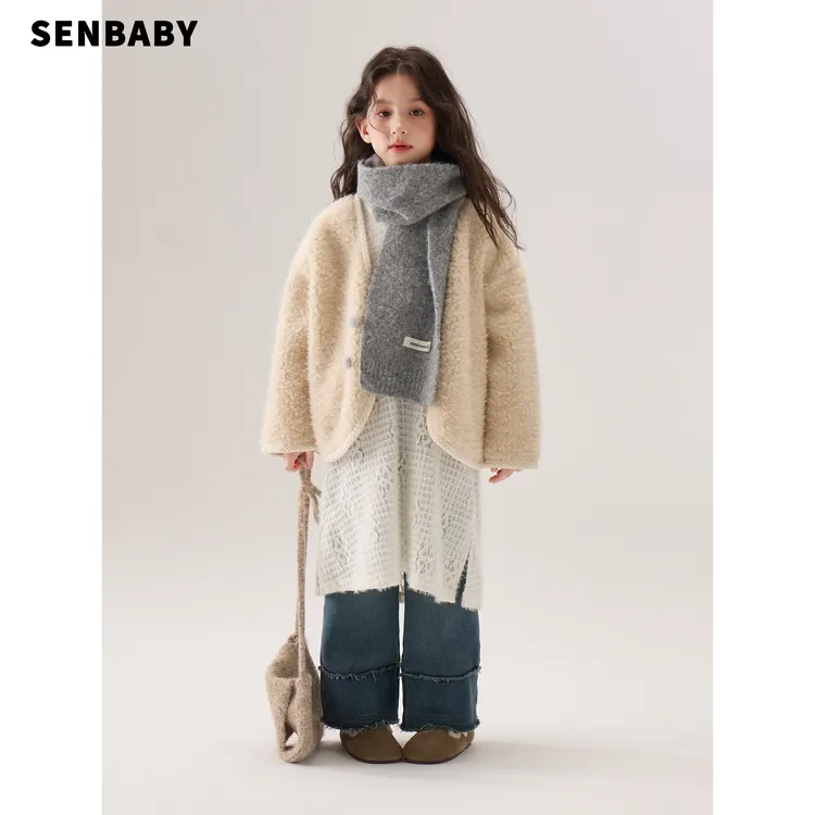 【现货】senbaby女童冬季毛绒外套儿童毛毛开衫背心裙米色打底衫
