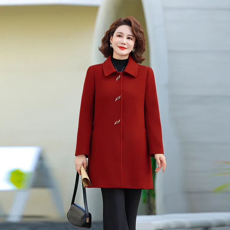 春秋女中老年妈妈装气质翻领保暖修身显瘦中长款羊毛呢子大衣外套