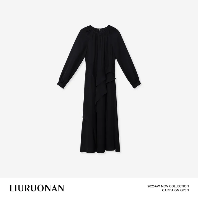 LIURUONAN 25FL【帕尔马】不规则荷叶边圆领长袖连衣裙秋冬显瘦长裙