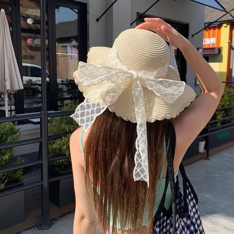 法式波浪边蕾丝蝴蝶结草帽女夏大帽檐太阳帽度假风沙滩海边遮阳帽
