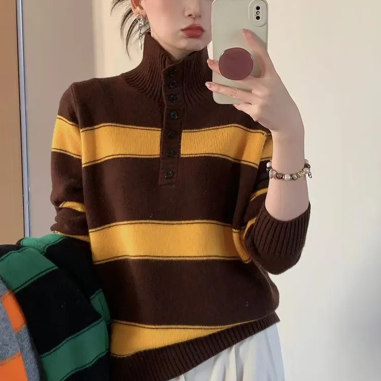 100绵羊毛冬季加厚条纹韩系保暖针织衫高级感网红高翻领宽松毛衣