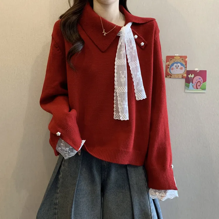 高级感红色毛衣女秋冬大码女装微胖mm显瘦绝美蕾丝拼接针织衫上衣