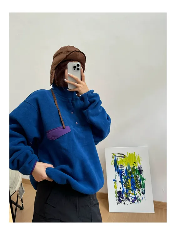 重磅加厚撞色摇粒绒立领卫衣秋冬挺阔日系套头外套宽松复古保暖