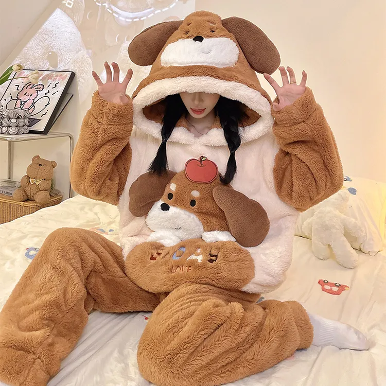 冬季珊瑚绒睡衣女加厚加绒长毛绒保暖套装新款卡通少女连帽家居服