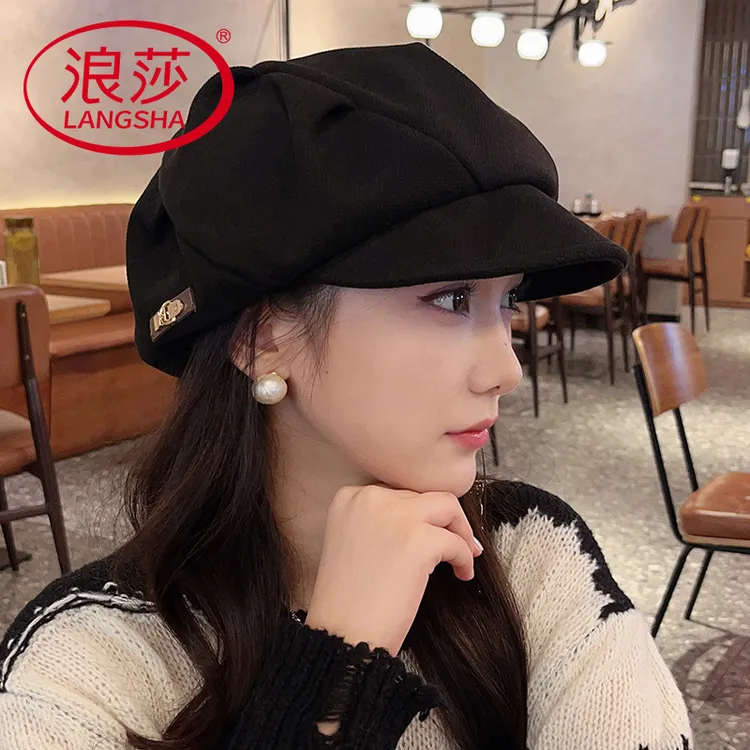 浪莎秋冬季云朵八角帽女夏季新款时尚休闲百搭帽子褶皱画家贝雷帽
