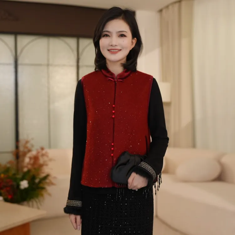 枫竺阿楠anan新中式国风立领盘扣丝绒包边无袖马甲女冬季短款背心