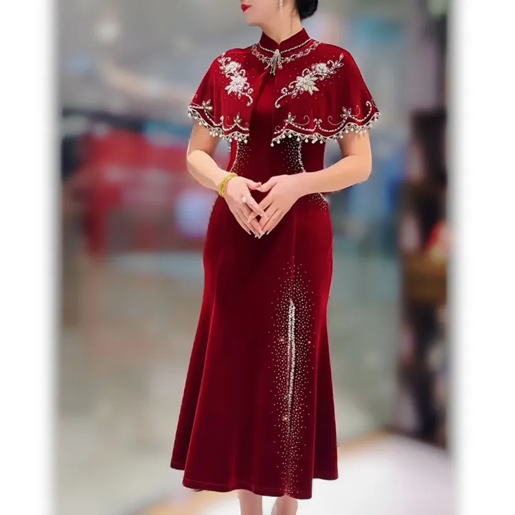 喜婆婆婚宴旗袍2026新款参加婚礼改良年轻妈妈礼服喜服斗篷高级感