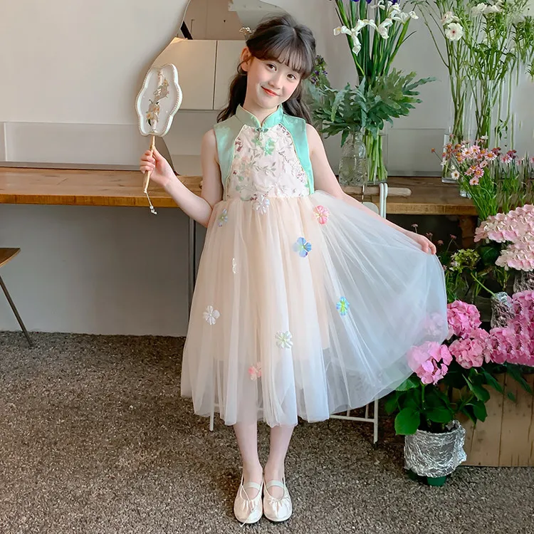 连衣裙儿童改良旗袍公主裙小女孩夏季装蓬蓬纱超仙裙子汉服古风薄