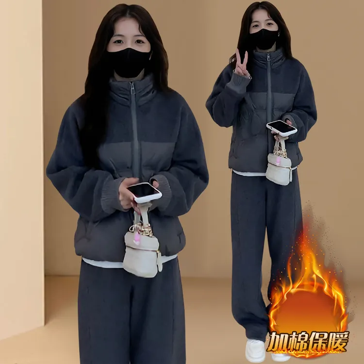 欧货款套装女2025秋冬装设计感韩版毛呢棉服外套+毛呢裤子两件套