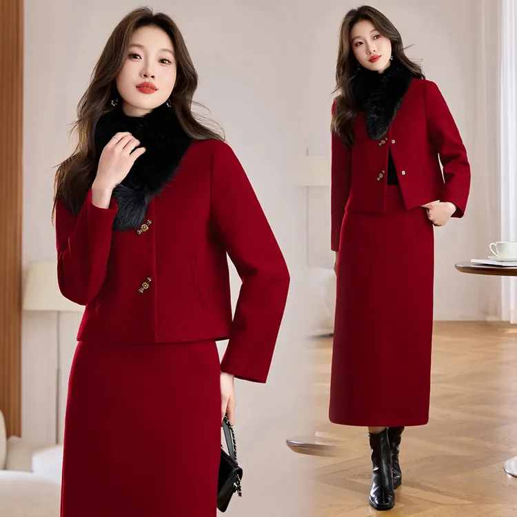 小香风时尚套装加厚修身加棉外套包臀裙显瘦气质洋气红色毛呢秋冬