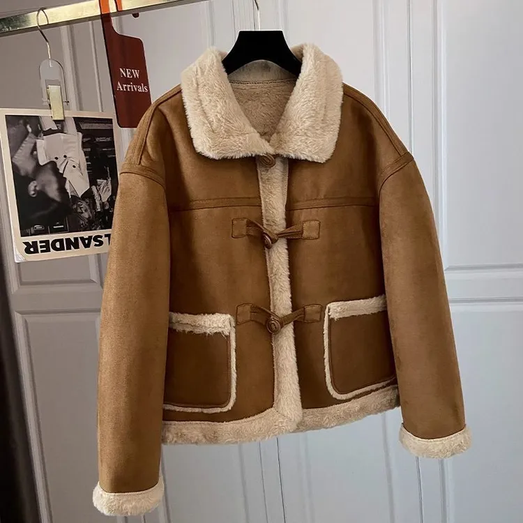 华南四季城欧货2025冬季新韩版宽松短款小个子皮毛一体羊羔毛加厚