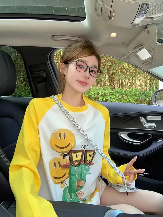 撞色插肩长袖t恤女秋冬2025新款潮牌宽松减龄设计感欧货印花上衣