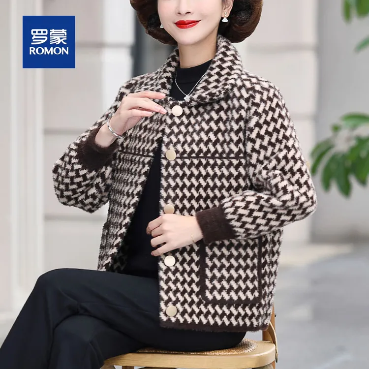 罗蒙中年妈妈秋冬装洋气保暖毛呢绒外套开衫上衣50多岁中老年女装