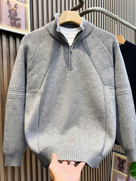 半高领拉链毛衣男秋冬季2025新款宽松套头纯色打底针织衫男生外套