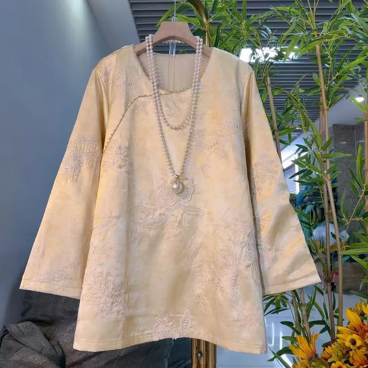 新中式国风刺绣大花亮片衫改良民族风微胖女装遮肉古风5098