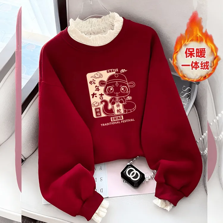 安可拉红女童一体绒2025卫衣新款中大童蕾丝拼接宽松加厚保暖上衣