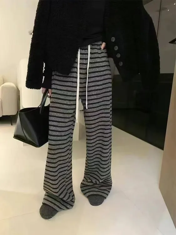 TT9931 印染阔腿裤时尚显瘦条纹宽松休闲打底裤运动休闲裤高腰