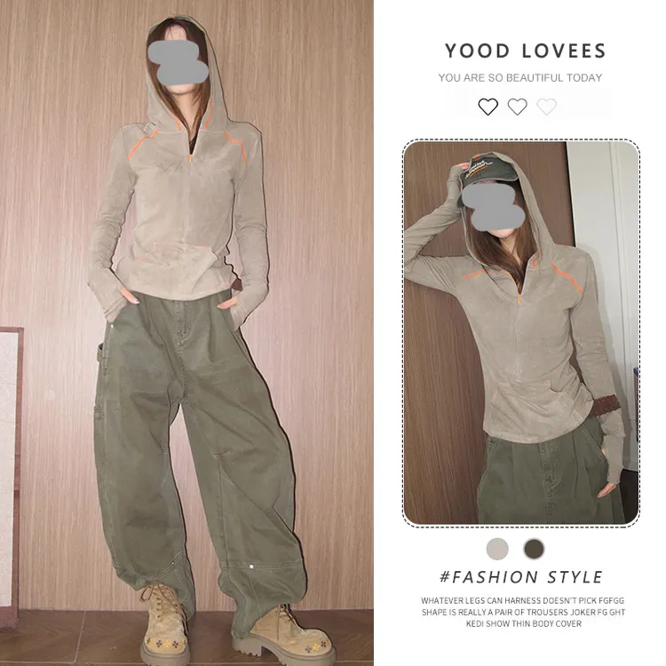 撞色拼接连帽外套工装裤两件套女2025春秋新款设计感小众休闲套装