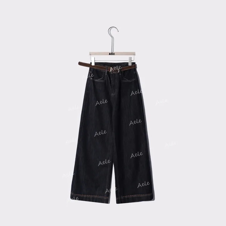 AELE复古时尚设计简约高腰绣花边阔腿宽松牛仔裤 K855 3300 AD