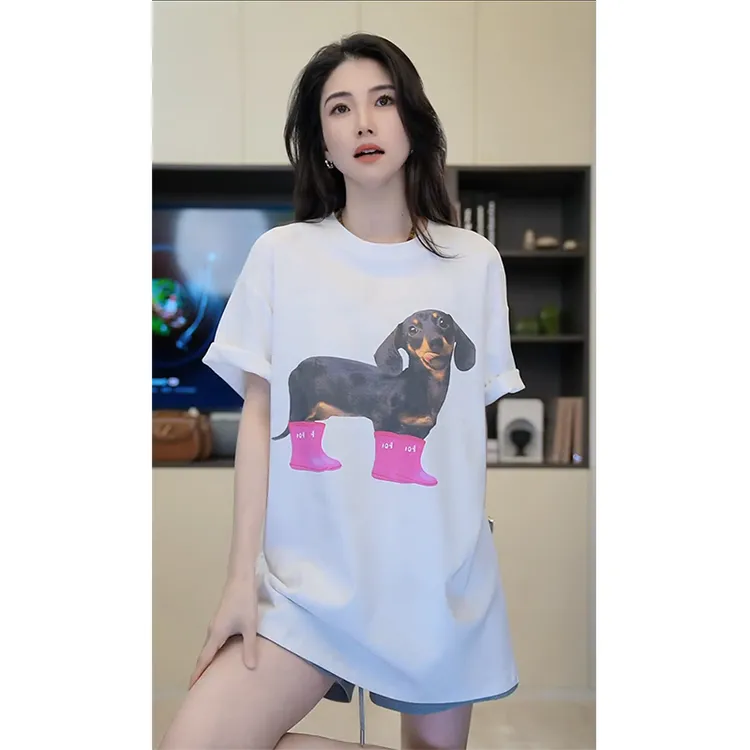 小乖逃X萌迹腊肠狗纯棉白色T恤短袖简约夏季圆领百搭S25085