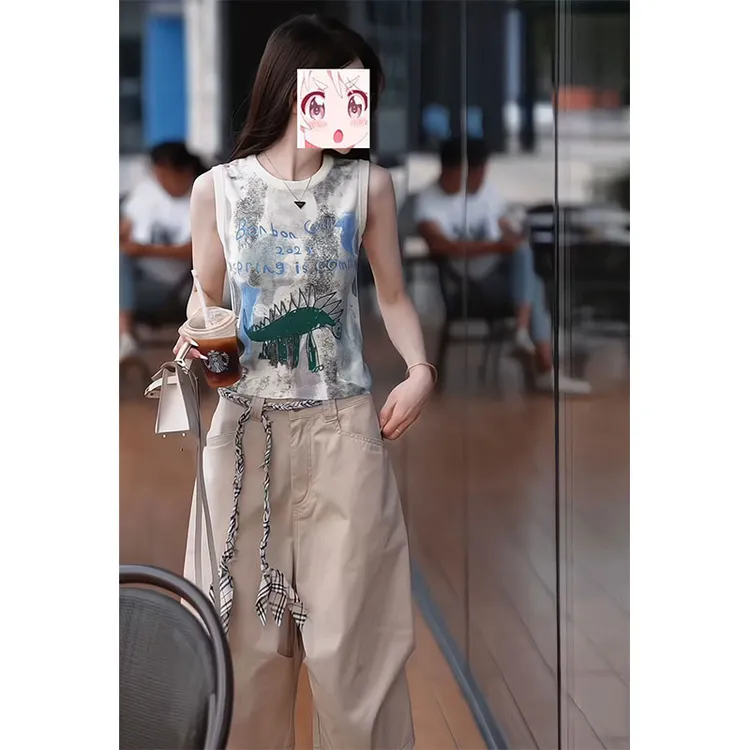 时尚套装减龄韩版可爱涂鸦无袖背心百搭宽松休闲中裤子夏季两件套