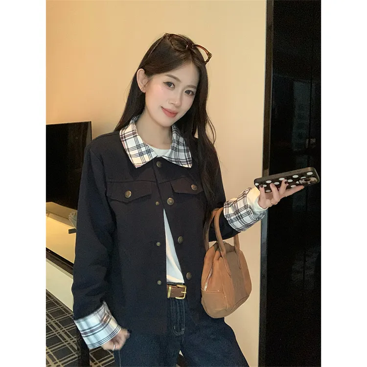 复古格纹拼接翻领长袖外套女秋季高级感夹克开衫宽松撞色气质上衣
