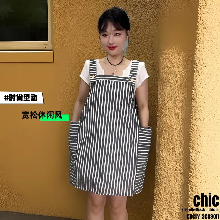 时尚宽松夏天围裙竖条纹小清新薄款厨房围腰家用做饭上班防污定制