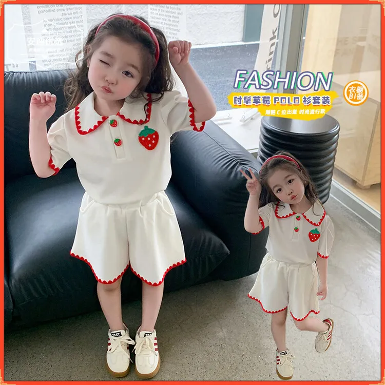 2025女童套装夏季POLO衫短袖童装女宝宝夏装T恤可爱卡通草莓