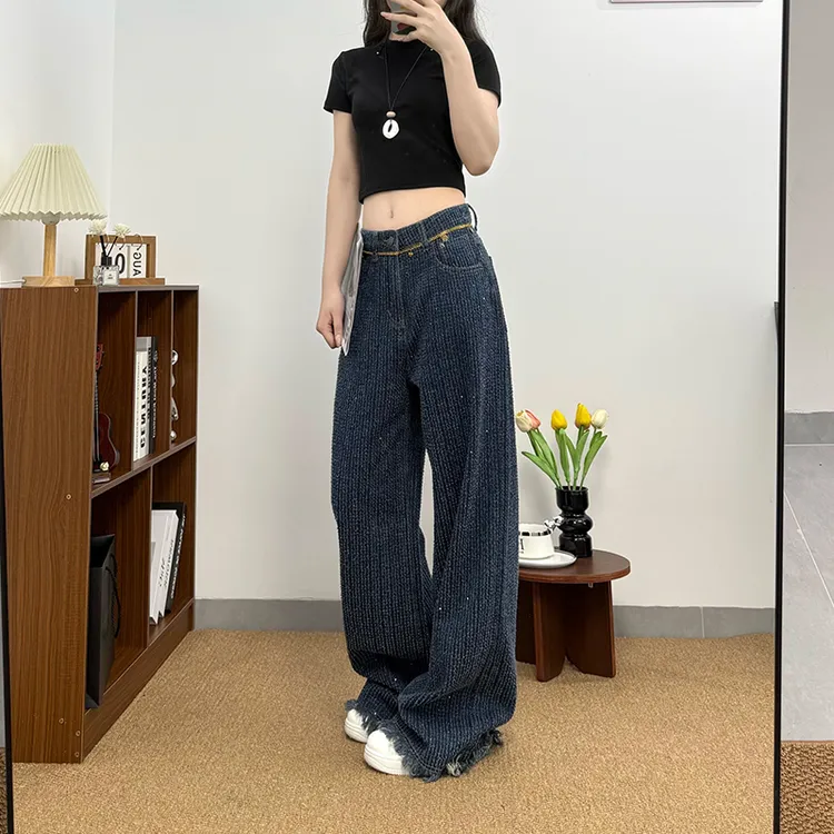 秋日减龄重工提花刺绣阔腿牛仔裤女2025秋季新款高腰宽松显瘦长裤