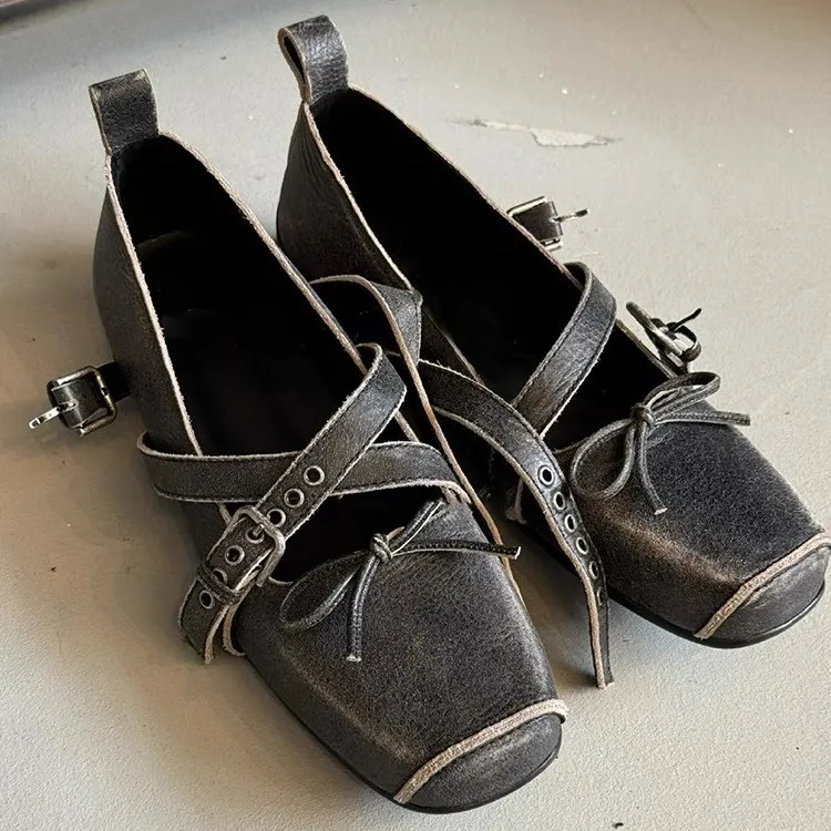 【明星同款】牛皮版~复古蝴蝶结皮带扣芭蕾舞鞋女新款韩版猪鼻子玛