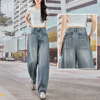 2025秋季新款青柠蓝时尚高腰牛仔阔腿裤女高级设计款宽松显瘦裤子