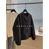 「MUMU CHAU」【自然系】自然肌理女冬季短款竖条纹圆领棉外套LD58141
