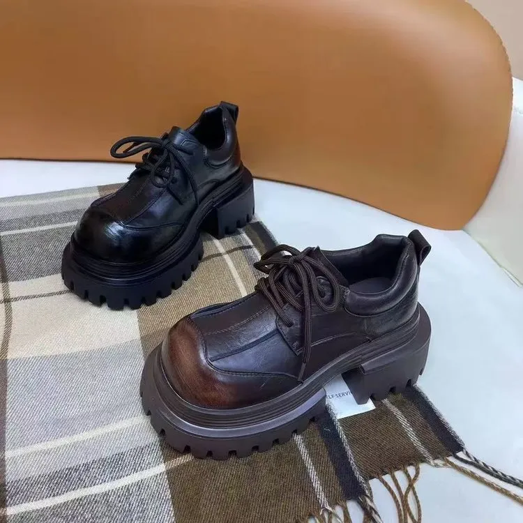 女鞋厚底乐福鞋皮鞋圆头软底系带松糕英伦风新款爆款阔腿裤必备鞋